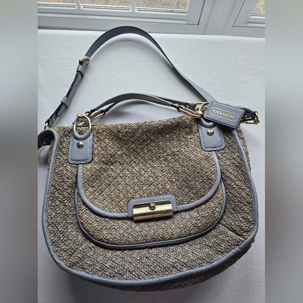 Coach Woven Leather Shoulder Bag with Slate Blue Trim and Art Deco Hardware Boho